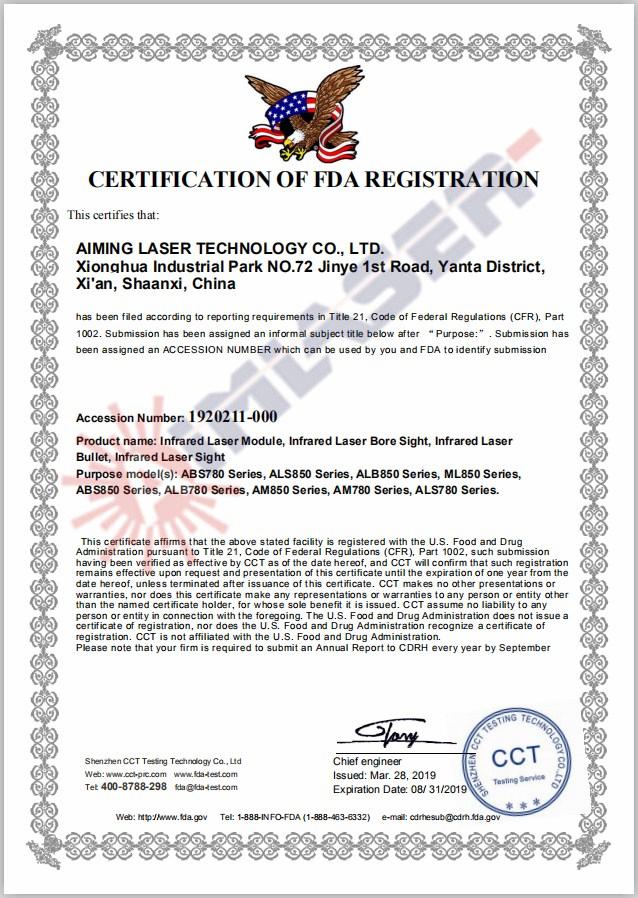 AIMLASER Infrared Laser Module FDA Certificate